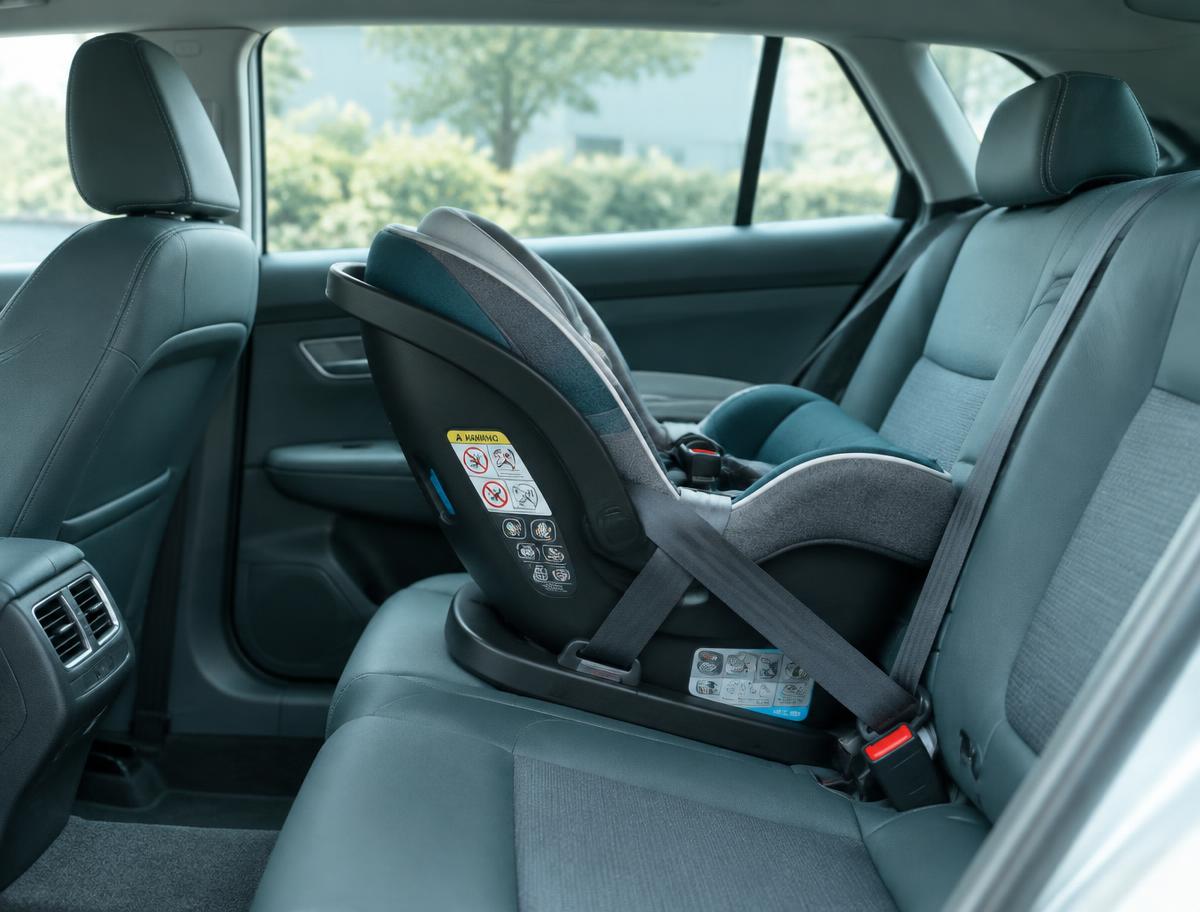Rear-facing child car seat installed in a vehicle back seat with the belt routed through the base