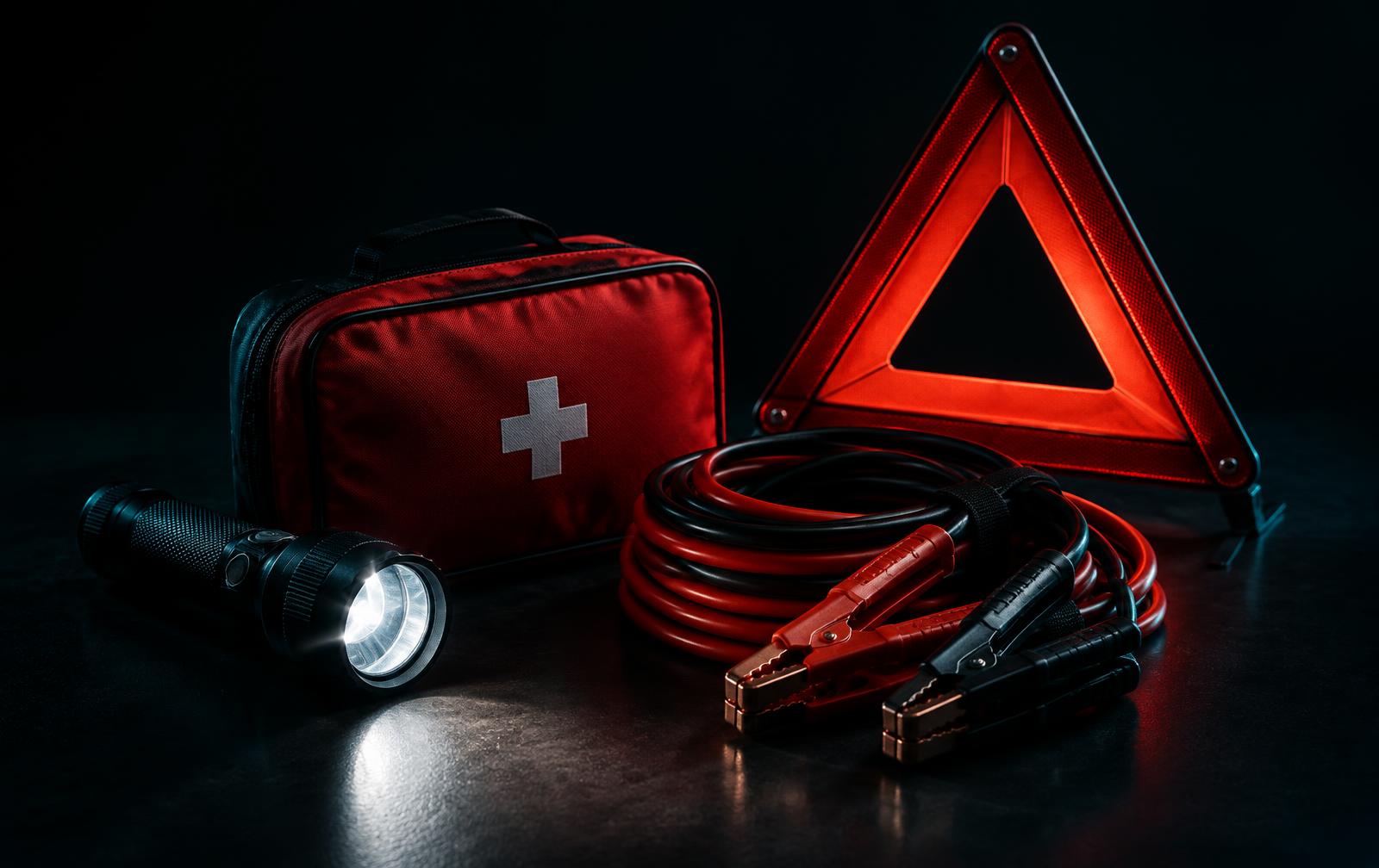 Emergency kit with flashlight, first aid pouch, and warning triangle