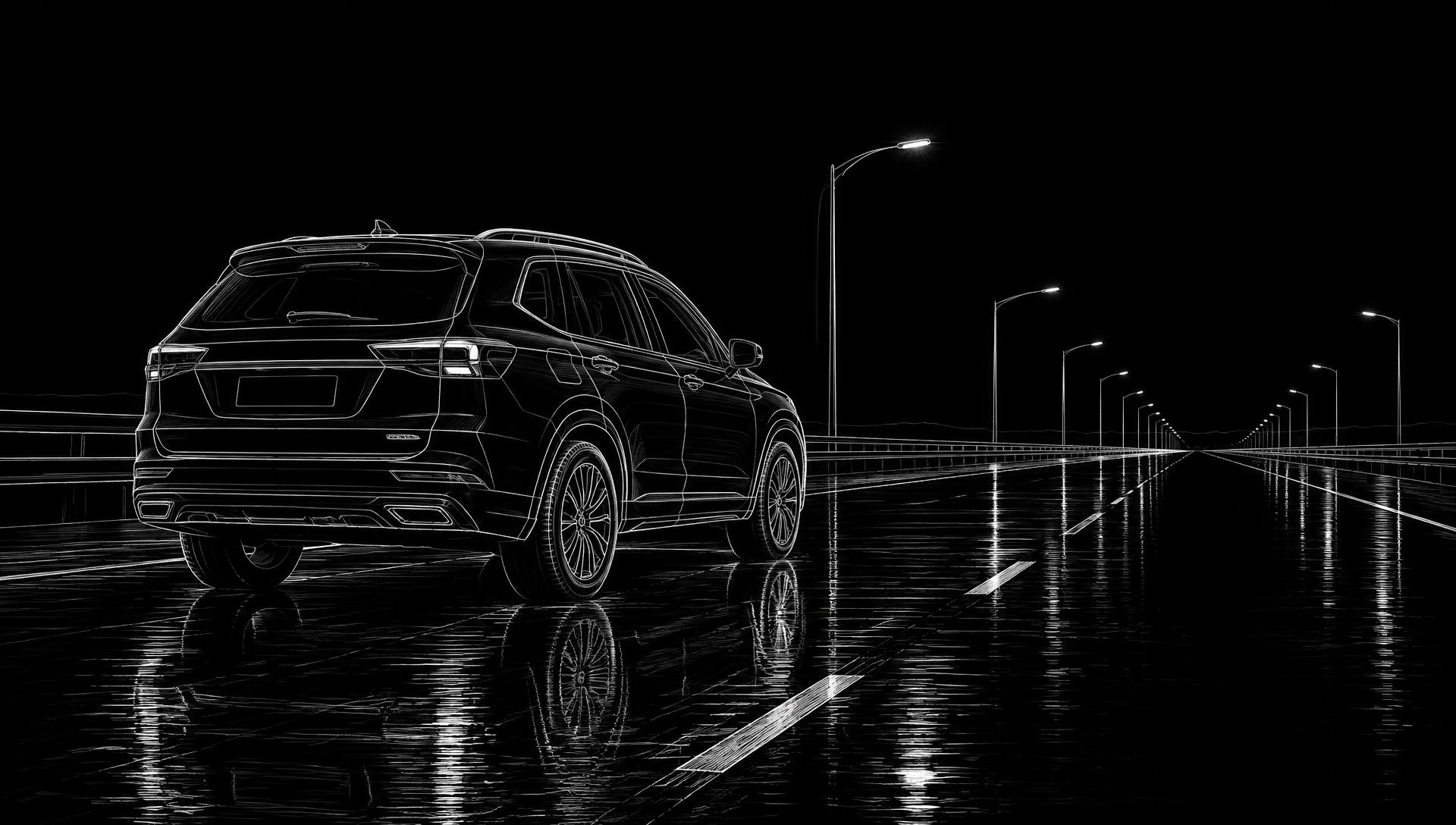 White line drawing of a family SUV on a wet road at night